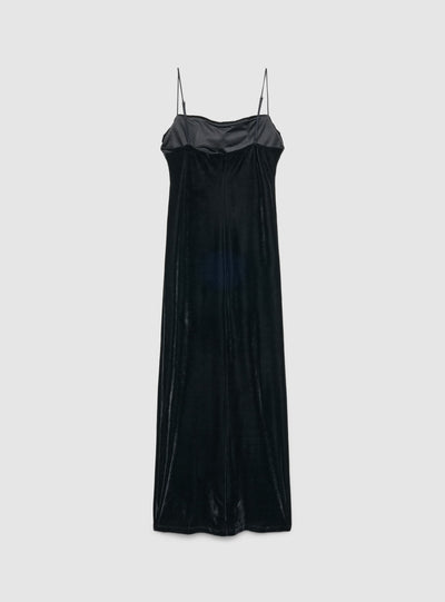 Long dress with thin straps and draped neckline