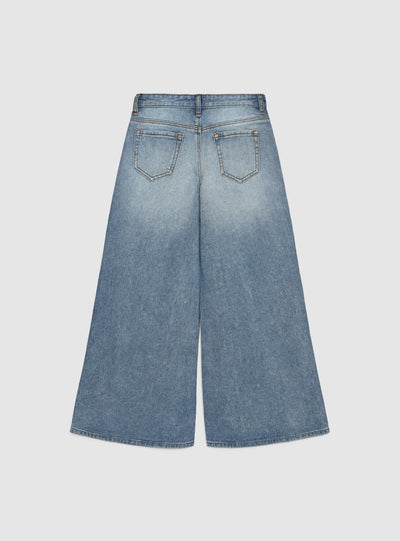 Jeans maxi super wide leg con strass e strappi