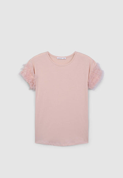 T-shirt con maniche a balze in tulle
