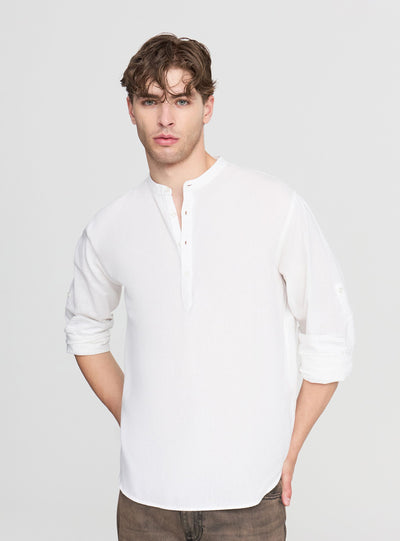 Camicia coreana in misto lino con maniche roll-up