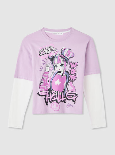 T-shirt a manica lunga con stampa e doppia manica