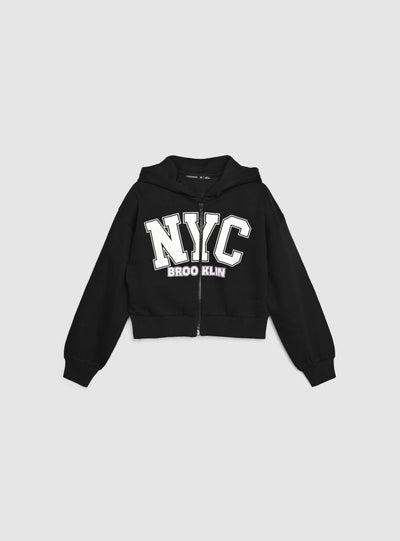 Felpa crop con cappuccio e stampa college