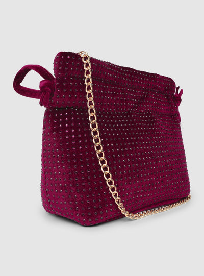 Evening bucket bag with sparkling-effect chain