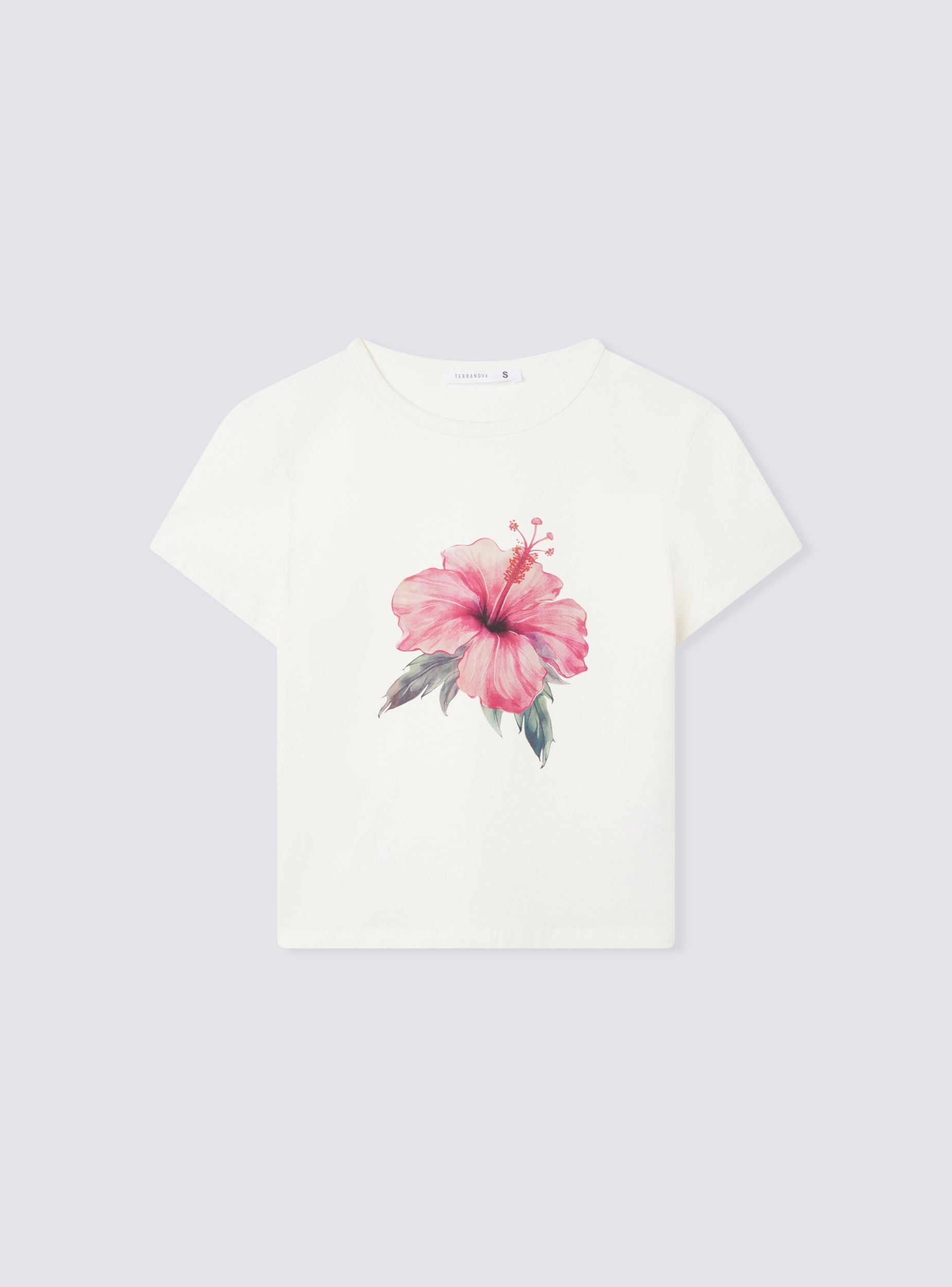 Tricou crop cu imprimeu de floare de hibiscus - Terranova
