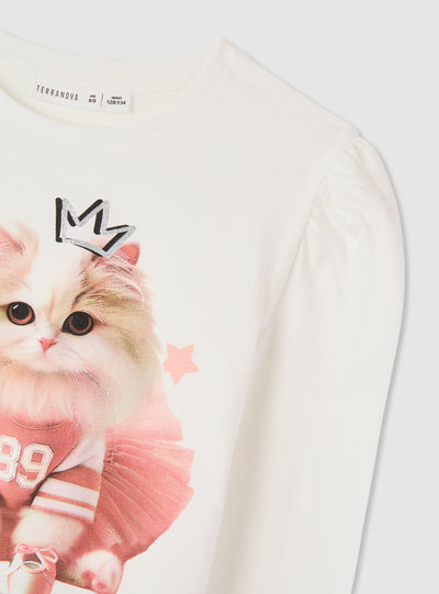 T-shirt manica lunga con stampa gatto e applicazioni