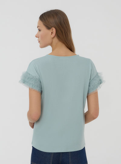 T-shirt con maniche a balze in tulle