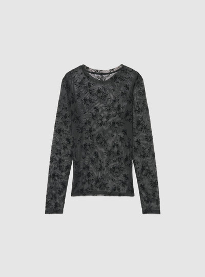 T-shirt a maniche lunghe con stampa floreale flock