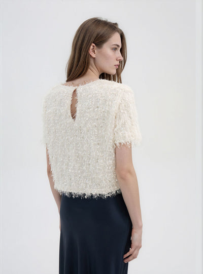 Crop-T-Shirt mit Pailletten und Federn