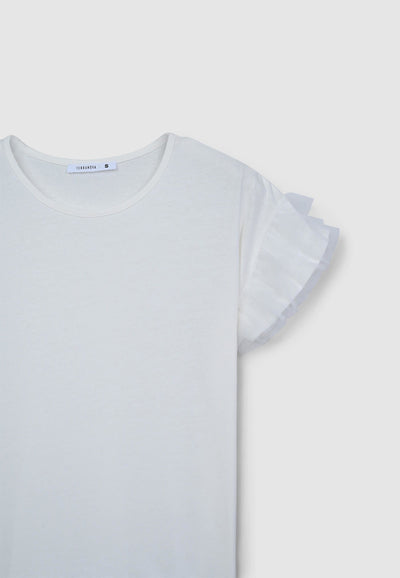 T-shirt con maniche a balze in tulle