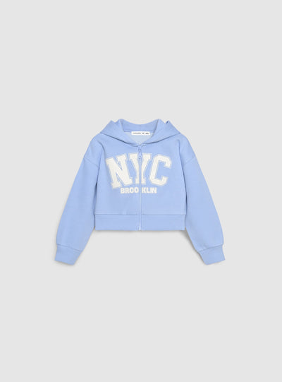 Felpa crop con cappuccio e zip con stampa college