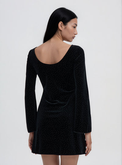 Dress with rhinestones and wide neckline