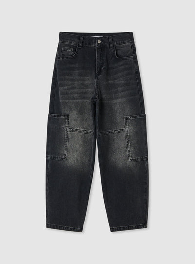 Solid colour barrel cargo jeans