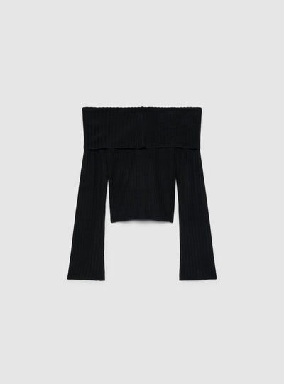 T-shirt a maniche lunghe a spalle scoperte a costine