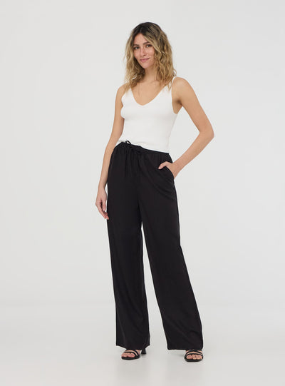 Pantaloni wide leg in misto lino con coulisse