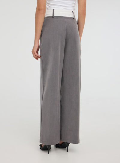 Pantaloni wide leg melange con fascia a contrasto