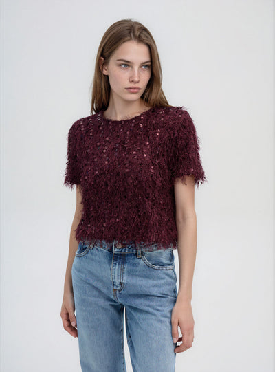 T-shirt crop con paillettes e piumette