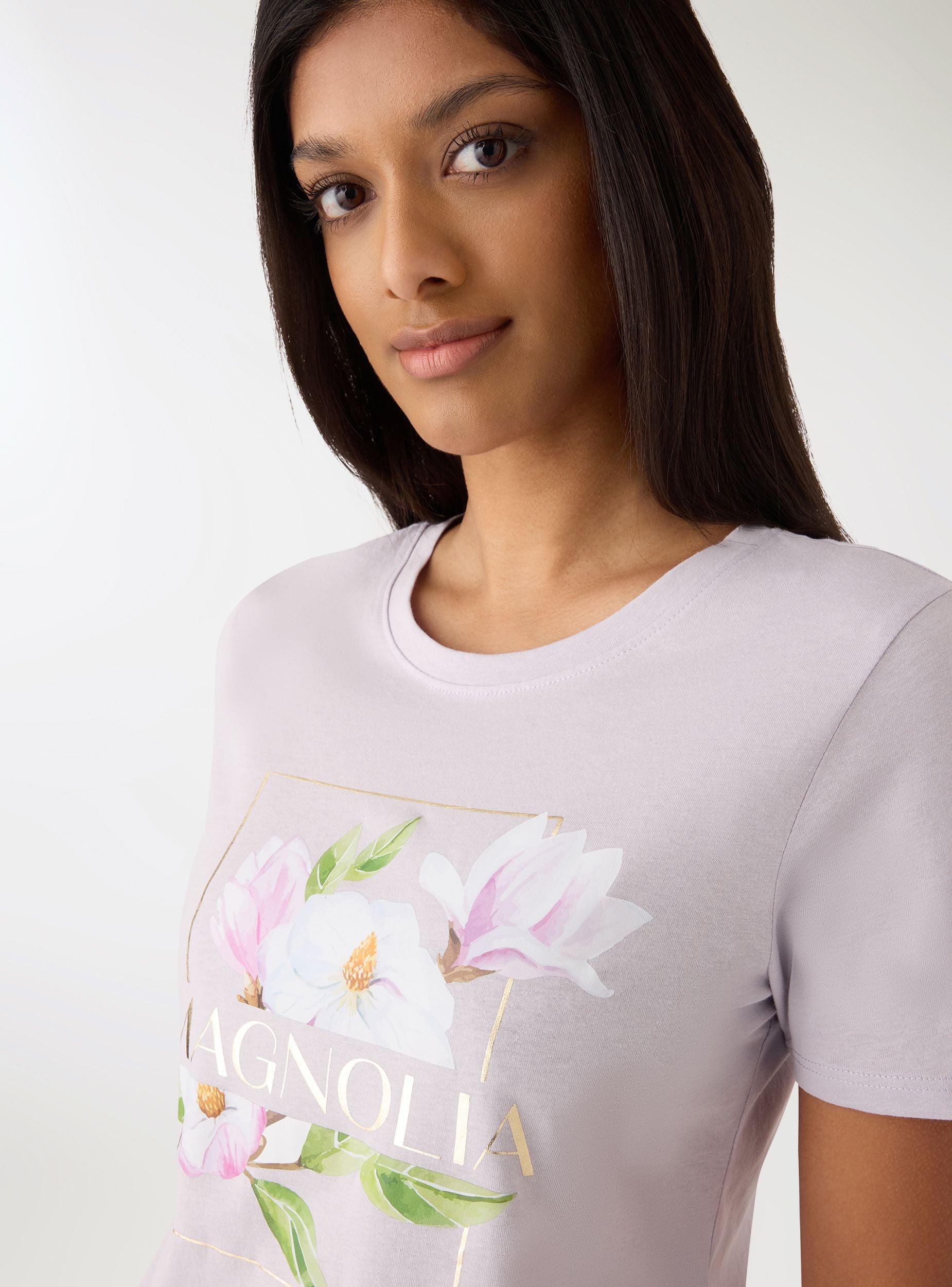 T-shirt con stampa fiori e scritta Lilla SAB0082171001S090 - Terranova