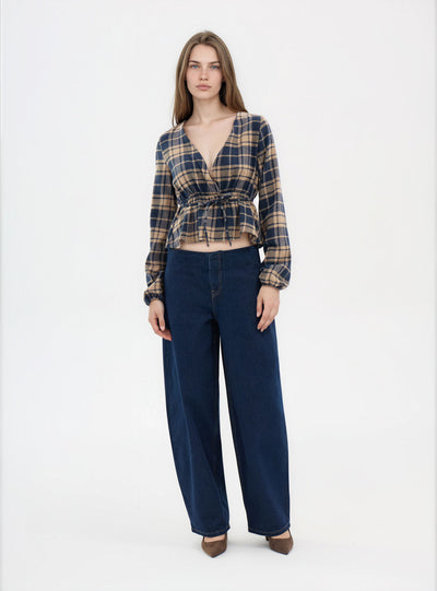 Camicia incrociata a quadri con coulisse