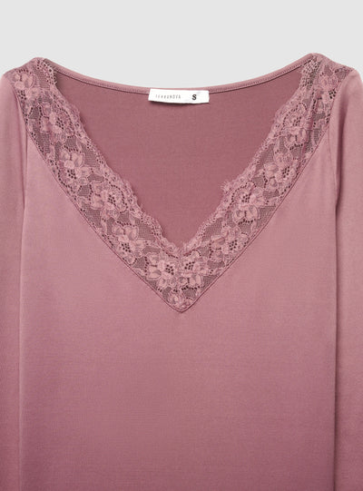 T-shirt a maniche lunghe con bordo in pizzo