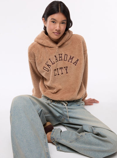 Felpa con cappuccio effetto sherpa e scritta college