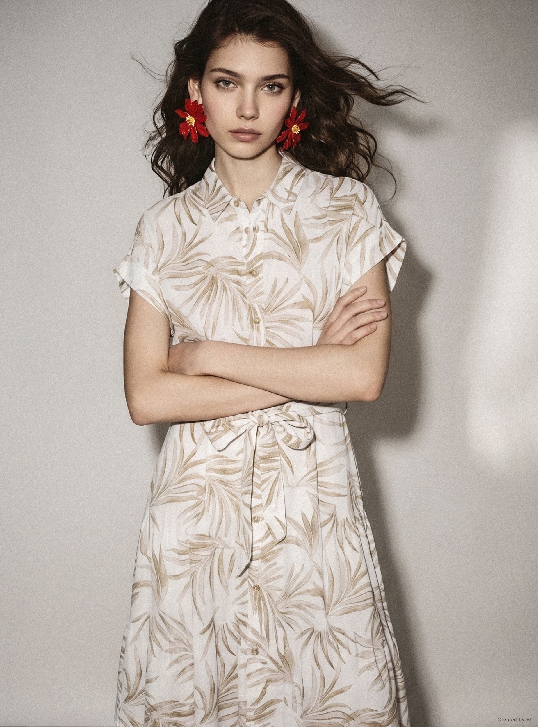 Shirt dress with leaf print and belt