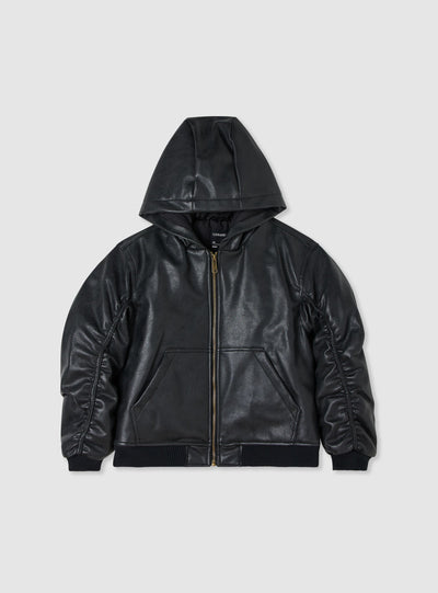 Bomber da bambino in similpelle con cappuccio e zip