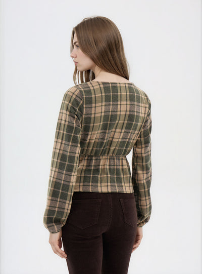 Camicia incrociata a quadri con coulisse
