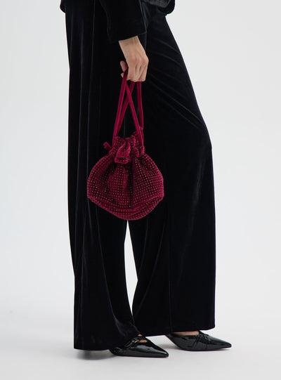 Evening bucket bag with sparkling-effect chain