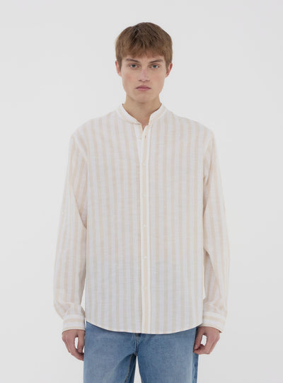 Camicia coreana a righe in misto lino