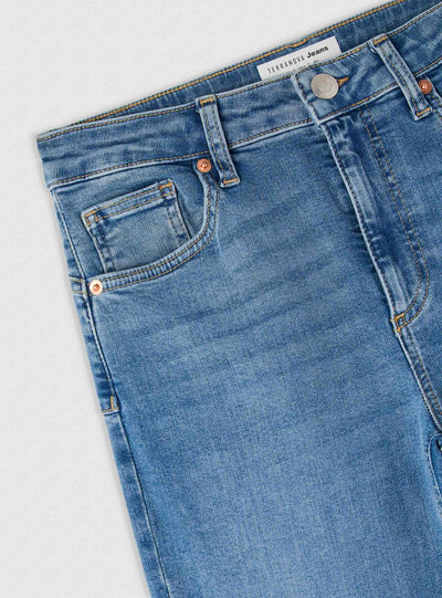 Jeans a zampa a vita alta tinta unita