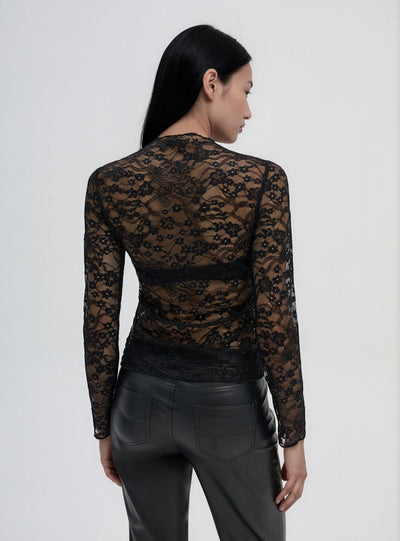 Long-sleeve lace T-shirt with sequins