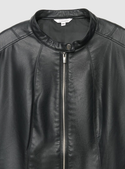 Chiodo effetto pelle con collo coreano e zip