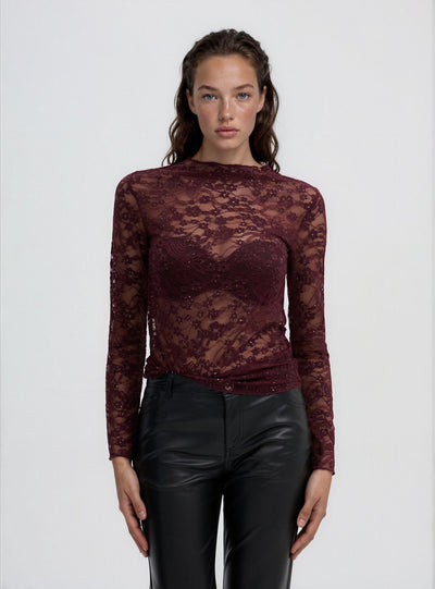 Langärmeliges T-Shirt aus Spitze mit Pailletten
