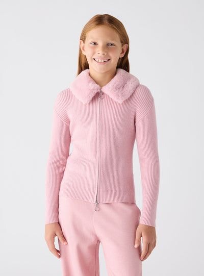Cardigan con zip e collo effetto pelo