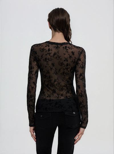 T-shirt a maniche lunghe con stampa floreale flock
