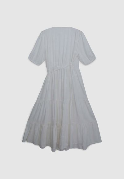 Vestito incrociato lungo con balze misto lino
