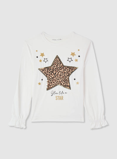 T-shirt manica lunga con stampa stellina animalier effetto luccicante