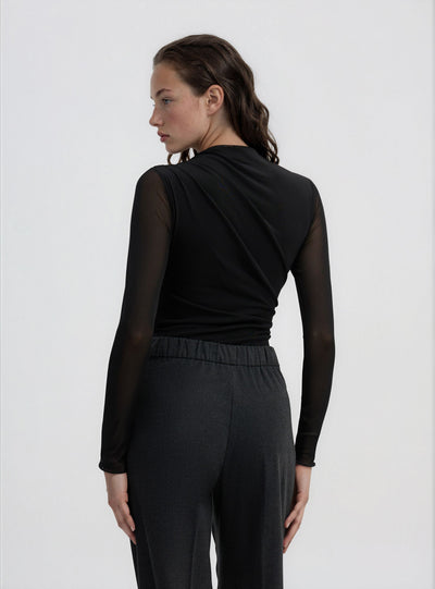 Body drappeggiato con maniche in tulle