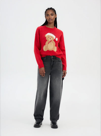 Loose sweater with teddy bear and bow print
