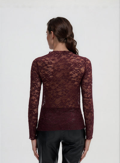 Langärmeliges T-Shirt aus Spitze mit Pailletten