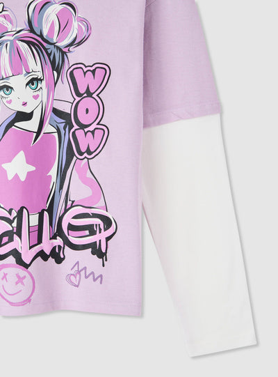 T-shirt a manica lunga con stampa e doppia manica