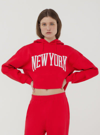 Felpa crop con cappuccio e stampa New York