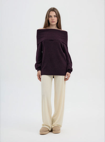 Pantalone wide leg u jednobojnoj rebrastoj tkanini