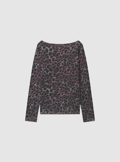 T-shirt a maniche lunghe animalier con scollo a V e bordo in pizzo