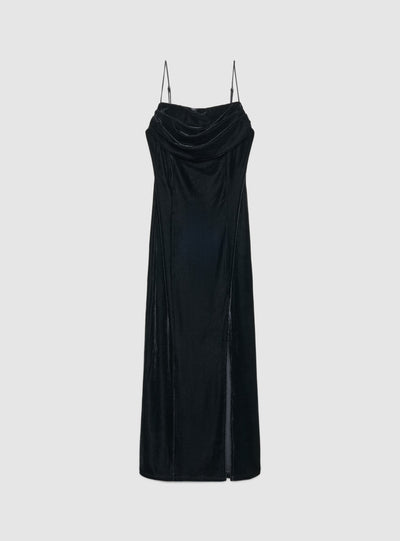Long dress with thin straps and draped neckline