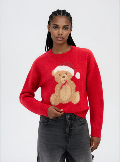 Loose sweater with teddy bear and bow print