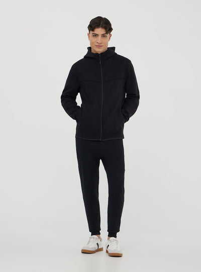 Felpa tecnica con cappuccio e zip in misto cotone pesante