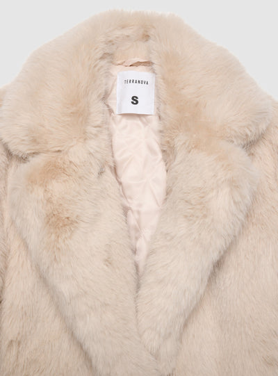 Short coat with belt and long faux fur collar