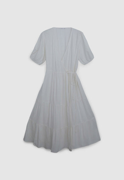 Vestito incrociato lungo con balze misto lino