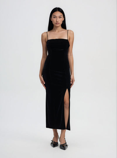 Long dress with thin straps and draped neckline